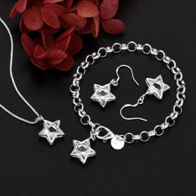 Sterling Silver Crystal Star Necklace Earring Bracelet Det For Women